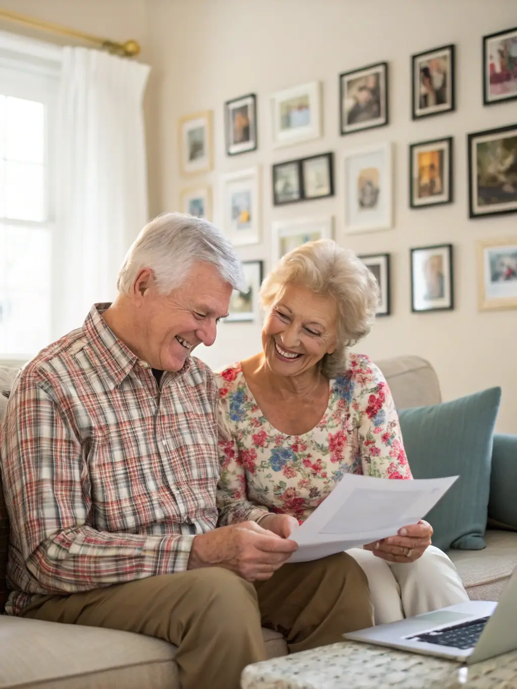 A senior couple reviewing financial documents together at their dining table, highlighting the importance of long-term financial planning and security.