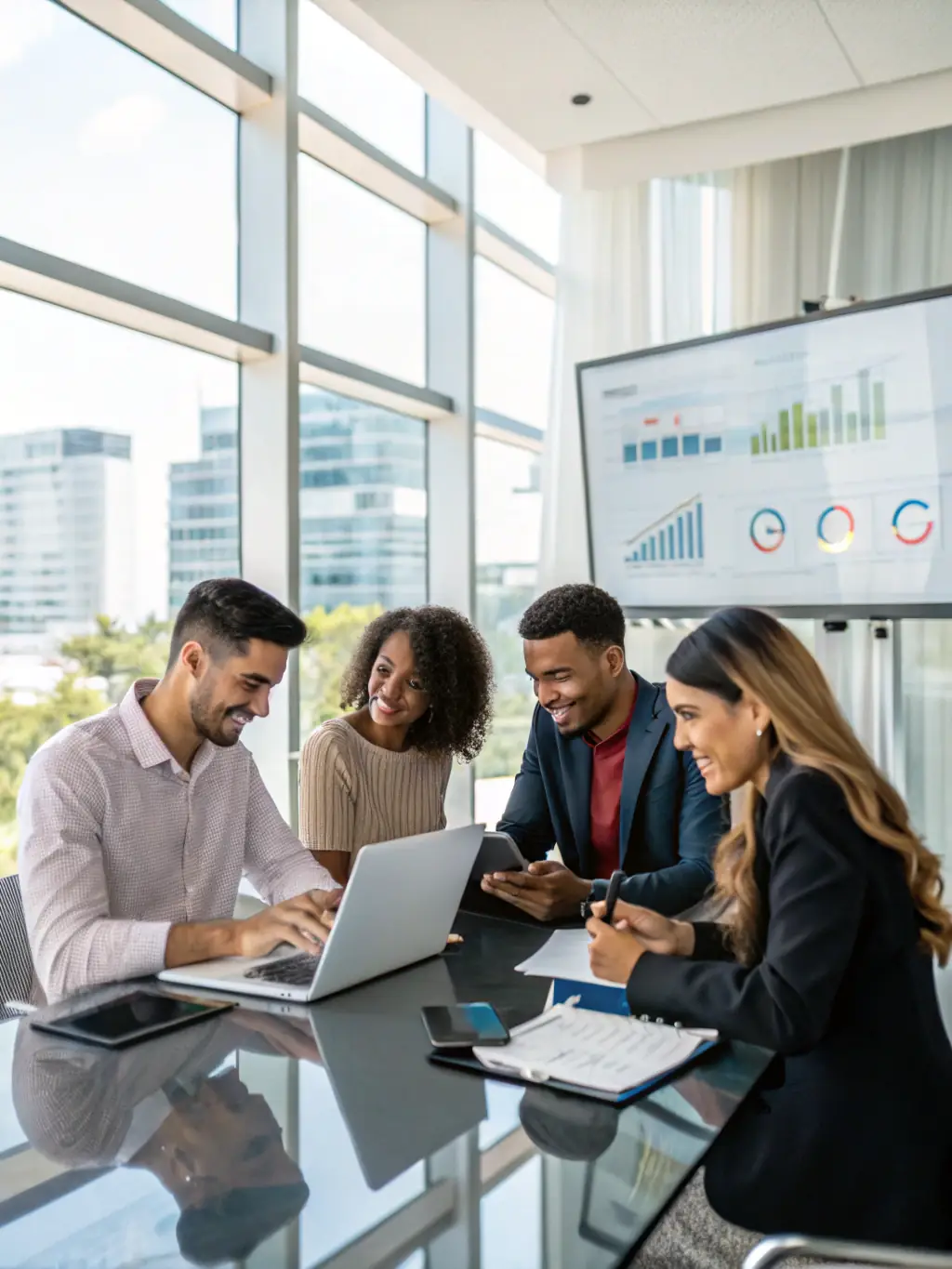A diverse group of people discussing mortgage options with a financial advisor in a modern office setting, emphasizing personalized service and expert guidance.