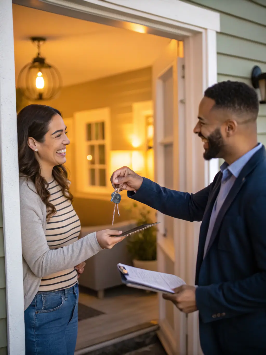 A professional real estate agent handing over keys to a new homeowner, symbolizing the start of a new chapter and the joy of homeownership.