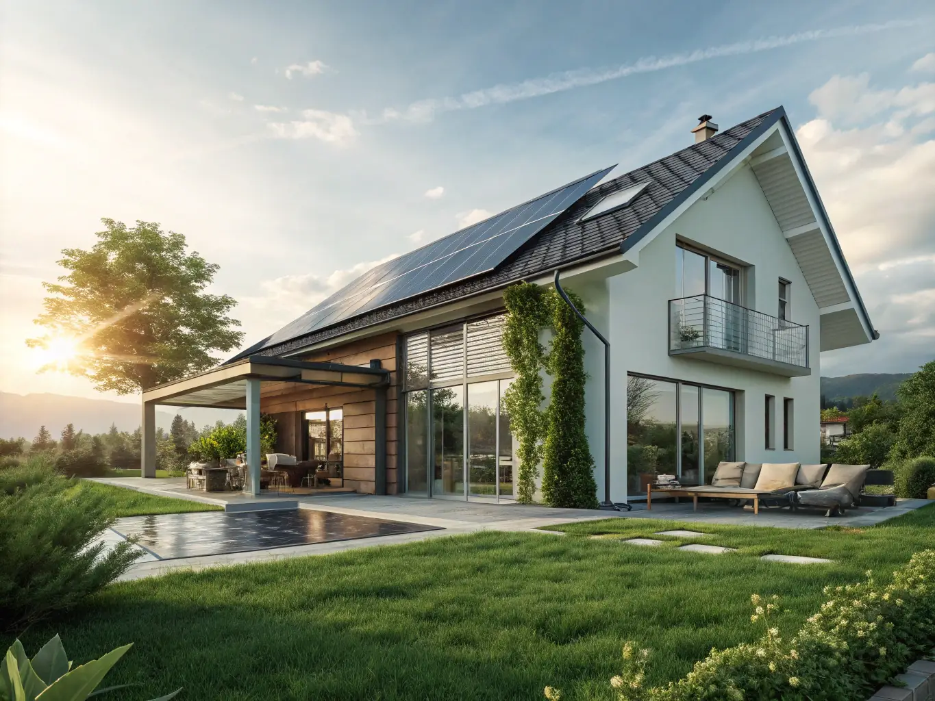 A modern, eco-friendly home with solar panels, symbolizing sustainable living and energy efficiency. The image should convey innovation, environmental consciousness, and the benefits of green technology.