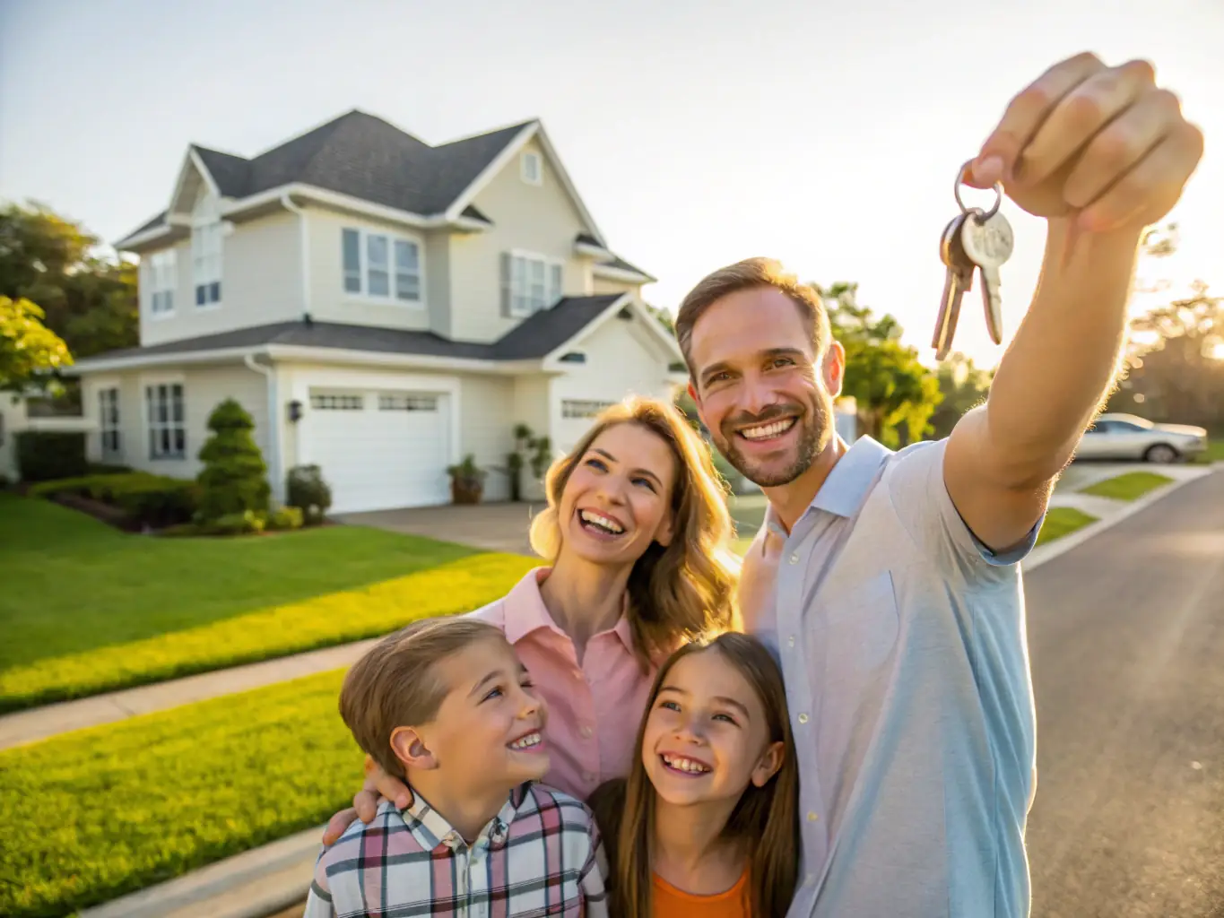 A cozy, modern house with a family in the front yard, symbolizing the dream of homeownership. The image should convey warmth, security, and the joy of family life.