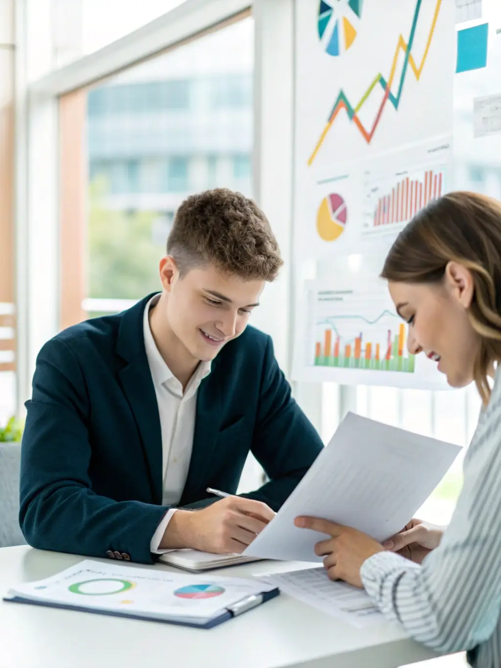 A professional photograph of a loan officer explaining mortgage options to a young couple in a modern office setting, emphasizing trust and clarity.