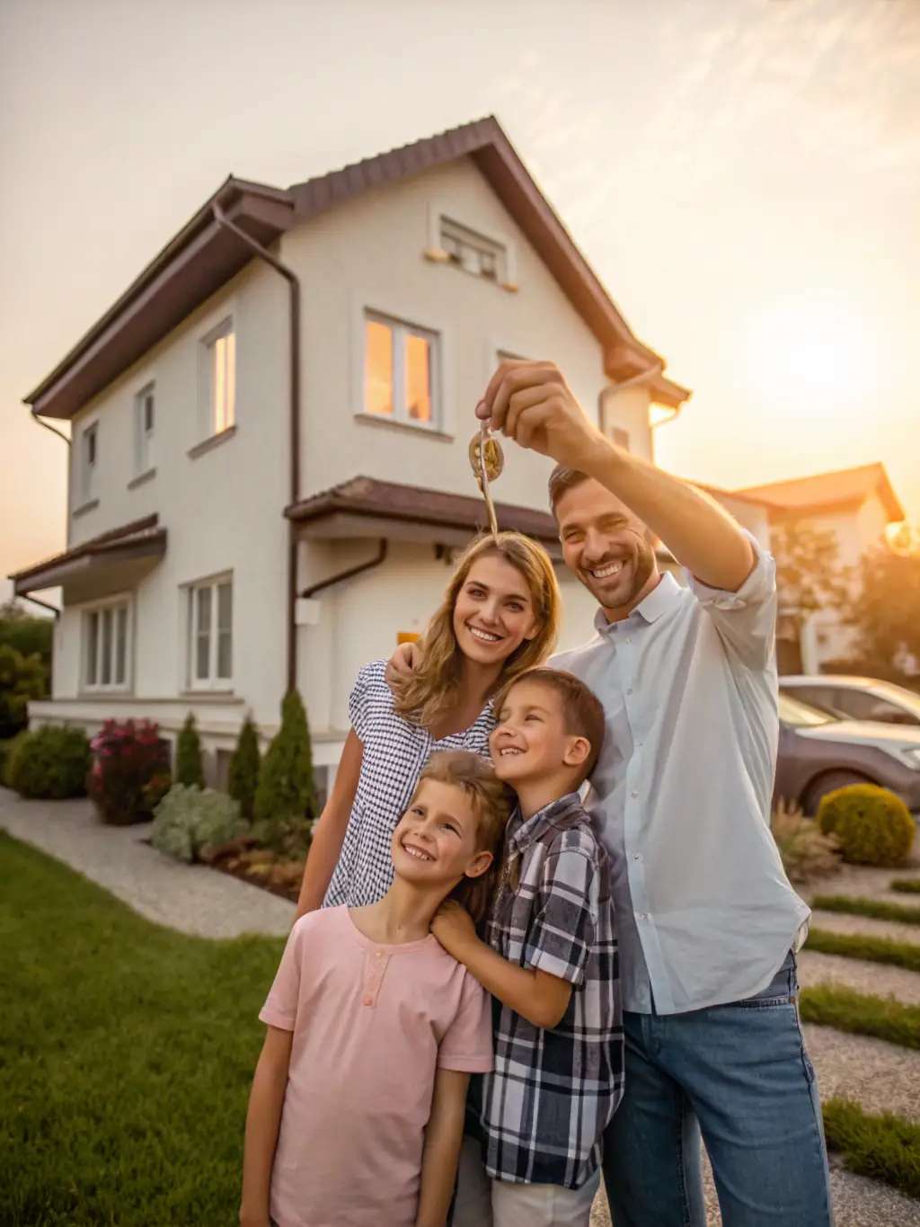 A bright and welcoming image of a family receiving keys to their new home, symbolizing the joy of homeownership.