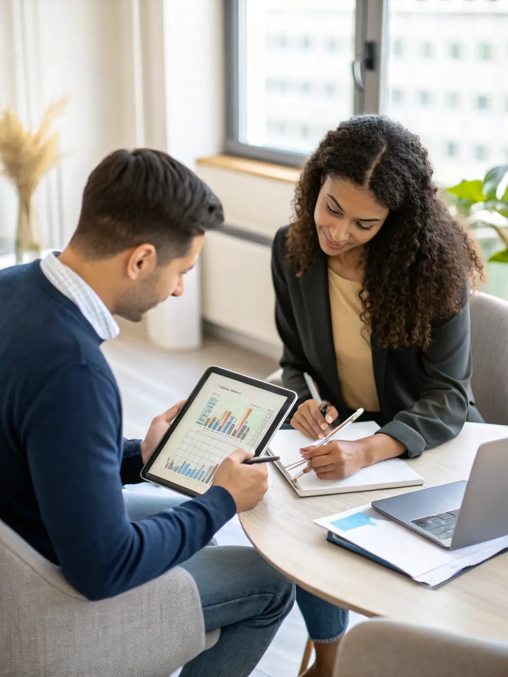 A focused shot of a financial advisor reviewing mortgage documents with a client, highlighting attention to detail and financial planning.