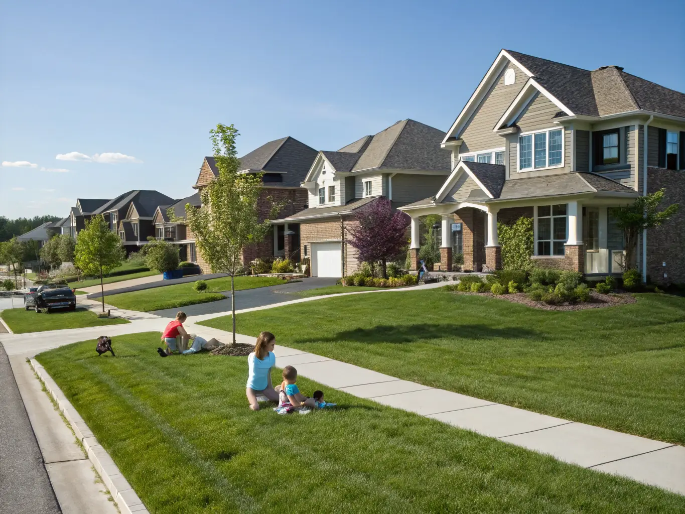 A split-level house with a lush green lawn, representing the suburban dream. The image should evoke feelings of stability, community, and the comfort of a well-established neighborhood.